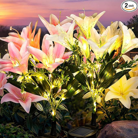 GIGALUMI Solar Garden Lights, 2 Pack LED Lily Garden Decor Carefree Solar Flowers Outdoor Waterproof, Yard Decorations Outdoor, Allergy-Free Light up Flowers for Yard Patio (1White,1Pink)