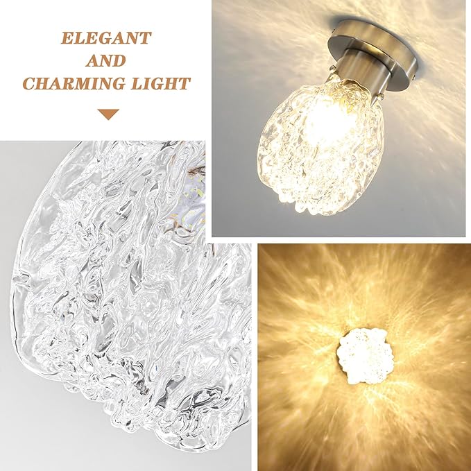Vintage Glass Semi Flush Mount Ceiling Light Silver, 2 Pack Hammered Glass Hallway Ceiling Light Fixture, Small Close to Ceiling light for Living Room Bedroom Bathroom Kitchen Entryway with E26 Base