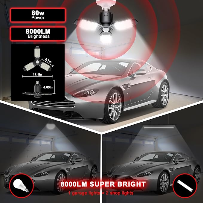 Motion Sensor Garage Light, 80W Garage Lights Ceiling Led Motion Activated,Dusk to Dawn Sensor Lights,Ultra Bright LED Shop Light Bulb,Screw in Shop Lights for Barn,Basement(2Pack)