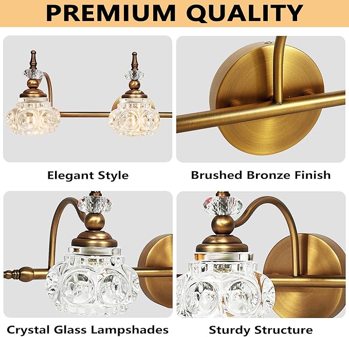Montex Brass Bathroom Light Fixtures, Gold Vanity Light Vintage, Bathroom Vanity Light Fixtures, Wall Sconces Lighting for Bedroom, Living Room, Hallway, 3 Lights