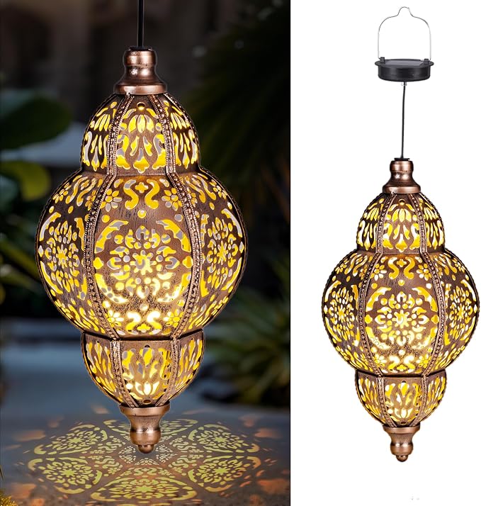 Solar Lanterns,Outdoor Garden Decor Solar Lantern Metal Moroccan Chandelier Gardening Decorative,Outside Hanging Lights Christmas Decorations for Gazebo Patio Yard Tree Ornaments Mother’s Day Gifts