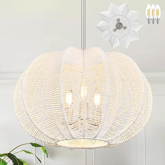 17.7 Inch Rattan Pendant Light White Hemp Rope Rattan Light Fixture Wicker Chandelier Woven Pendant 3-Light Boho Chandelier for Kitchen Island