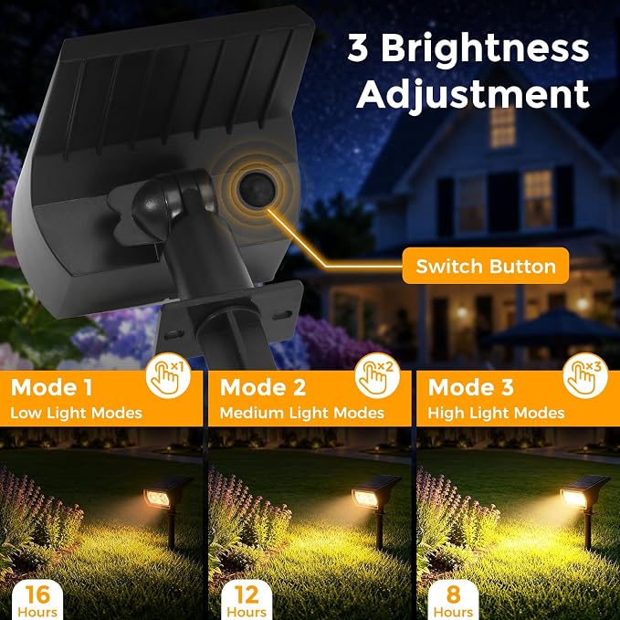 Solar Lights Outdoor Waterproof, 4 Pack 60 LED Solar Spot Lights Outdoor, Dusk to Dawn Light Sensor, 3 Lighting Modes, IP65 for Outside Pathway Yard Garden and Landscape (Warm White)