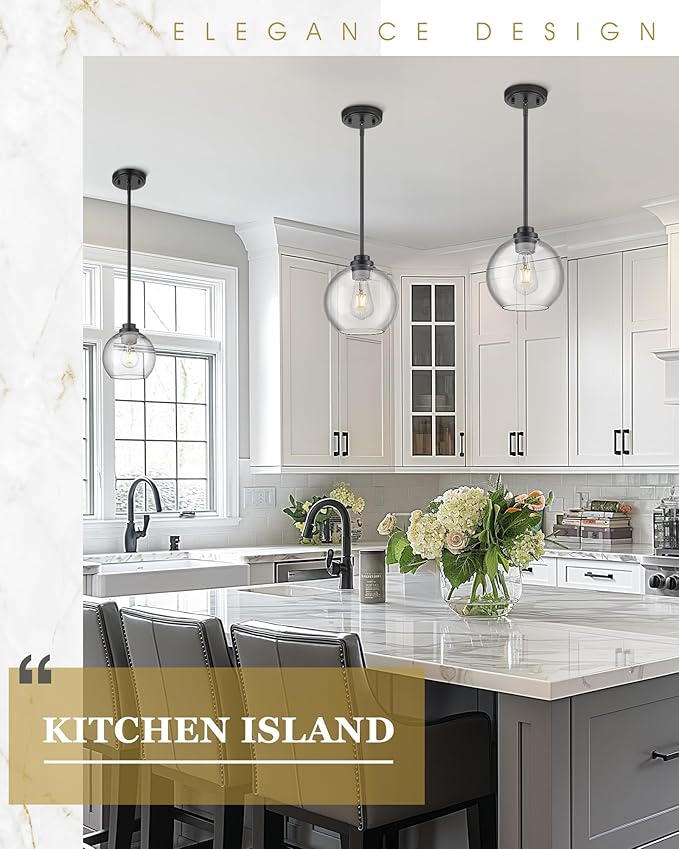 2 Pack Pendant Lights Kitchen Island, 8" Black Pendant Light Fixtures with Globe Clear Glass Shade, Modern Kitchen Island Lighting for Bathroom, AD-22280-2PL-BK