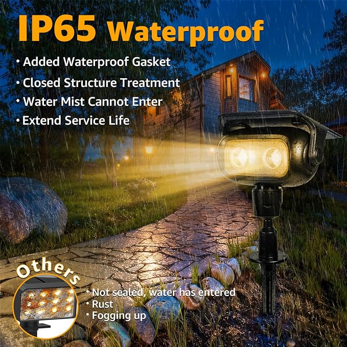 Ollny Solar Lights Outdoor Waterproof IP65, 360° Rotation Solar Spot Lights Outdoor, Long Last 2 Lighting Modes Solar Powered Garden Yard Spot Solar Lights for Outside Landscape 2 Pack (Warm White)