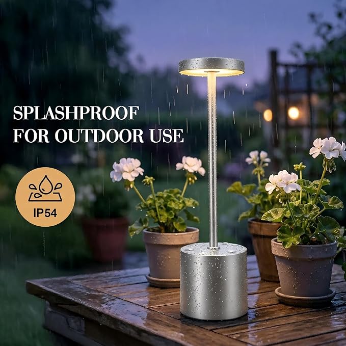 Silver Cordless Table Lamp Set of 2, 5000mAh Rechargeable Lamp with Touch Control & Stepless Dimming, 3 Light Modes, IP54 Waterproof Portable Light for Dining Table, Patio, Bathroom, Power Outage
