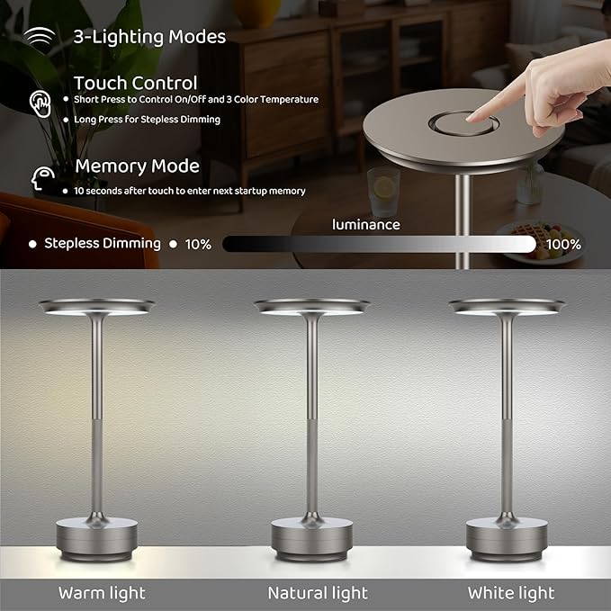 UdoUto Cordless Table Lamp Rechargeable - 5000mAh Battery Operated LED Table Light with Touch Stepless Dimming - Portable Silver Metal Outdoor Lamp for Patio, Restaurant, Bedroom