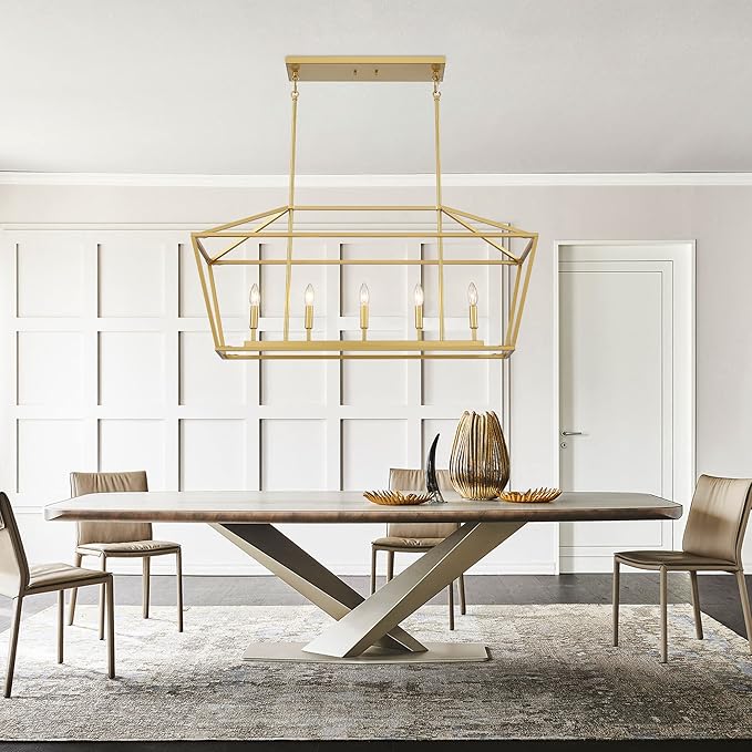 Untrammelife 5-Light Kitchen Island Pendant Lighting Gold Lantern Pendant Linear Chandelier Modern Rectangle Light Fixtures with Adjustable Rod for Dining Table Kitchen