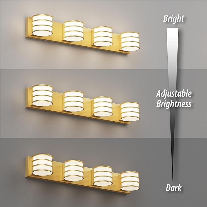 LED Bathroom Vanity Light - 28.4 Inch Gold 4-Light Fixture with White Acrylic Shades, 6000K Cool White, Mirror Lighting for Bathroom, Bedroom, Hallway, Living Room Wall Sconce