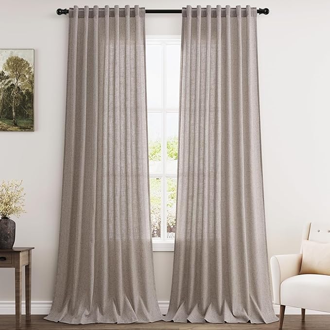 Nanspring Brownish Grey Linen Curtains for Living Room 94 Inches Long Back Tab Light Filtering Semi Sheer Curtain Modern Farmhouse Decor for Bedroom Office Luxury Textured Drapes 52x94, 2 Panels