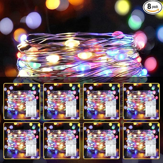 8 Pack LED Fairy Lights Battery Operated 20FT 60 LEDs Silver Wire String Lights Twinkle Lights Starry Fairy Lights for Bedroom Christmas Wedding Party Indoor Outdoor Decorations, Multicolor