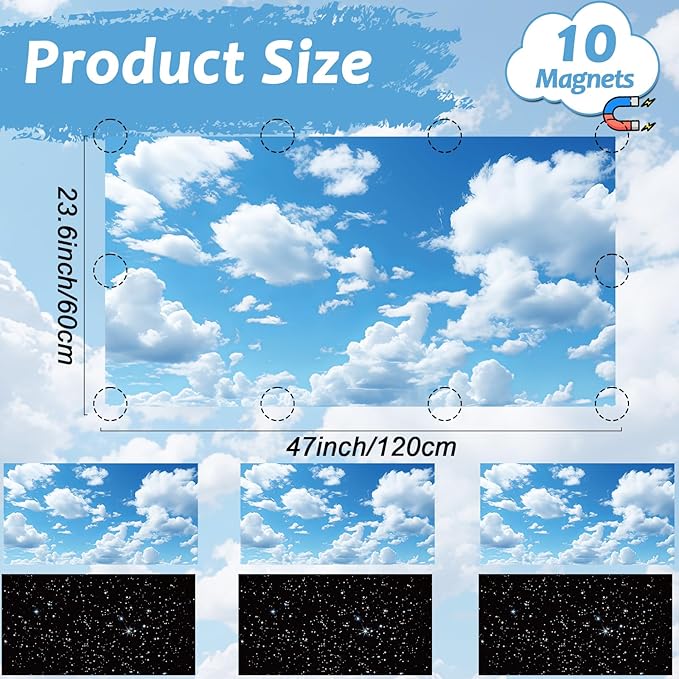 Wiooffen 6 Pcs Fluorescent Light Cover with 60 Magnets Decorative for Classroom Ceiling Lights 4 x 2 Feet Magnetic Light Covers Filter Easy Install for Office Hospitals & Home (Cloud and Starry Night)