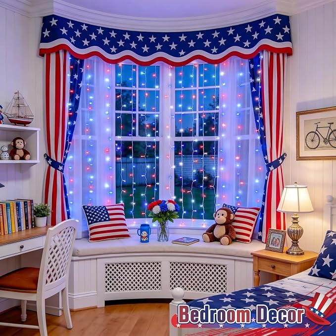 JMEXSUSS 300LED Red White and Blue Lights with Remote, 4th of July Lights Plug in, Patriots Curtain Hanging String Lights for Bedroom Wall Window Backdrop Indoor Outdoor 4th of July Decor, 9.8x9.8ft