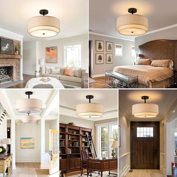 Drum Semi Flush Mount Ceiling Light, 16 inch 3 Lights Ceiling Light Fixture with 2-Layer Fabric Shade, Black Farmhouse Drum Ceiling Lighting for Bedroom Hallyway Dining Room Kitchen