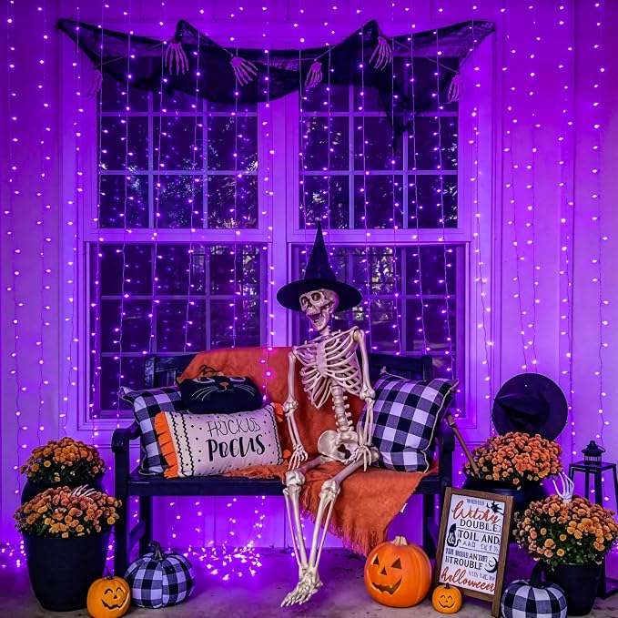 JMEXSUSS 200 LED Purple Halloween Lights, 6.5ft x 6.5ft Halloween Curtain Lights with Remote, 8 Modes USB Purple Curtain String Lights for Bedroom Party Halloween Decorations