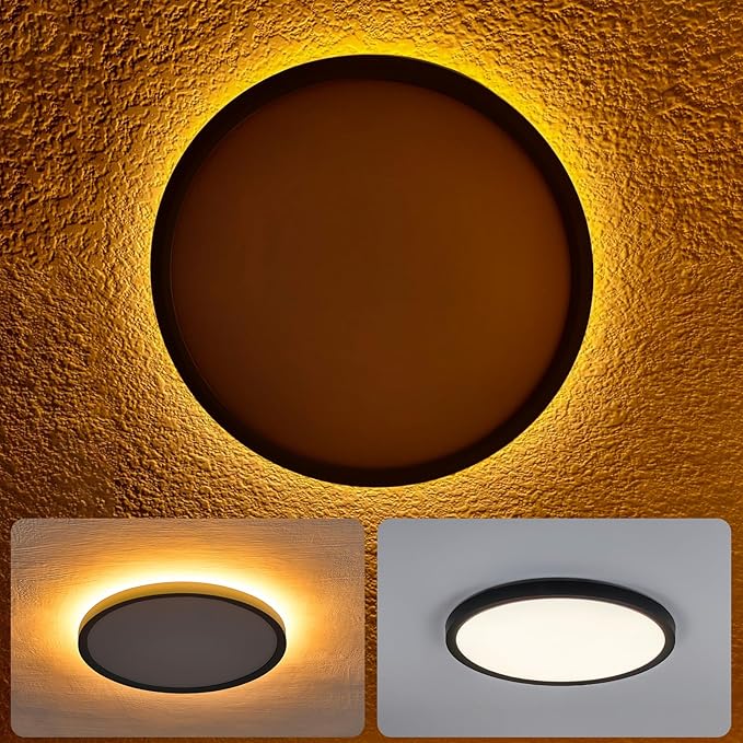 2Pack 12 Inch 2400LM LED Flush Mount Ceiling Light with Night Light, 24W Dimmable & 3000K/4000K/5000K 3CCT Selectable, Slim Round Light Fixtures for Bedroom, Black