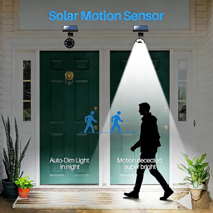 Solar Motion Lights for Outside Aluminum case(Not plastic), Outdoor Solar Flood Security Spot lights 1400LM 9W LED(130W Equ.) Garden Step Deck Patio Post Porch, 100-Week FREE Refund/Replacement(Black)