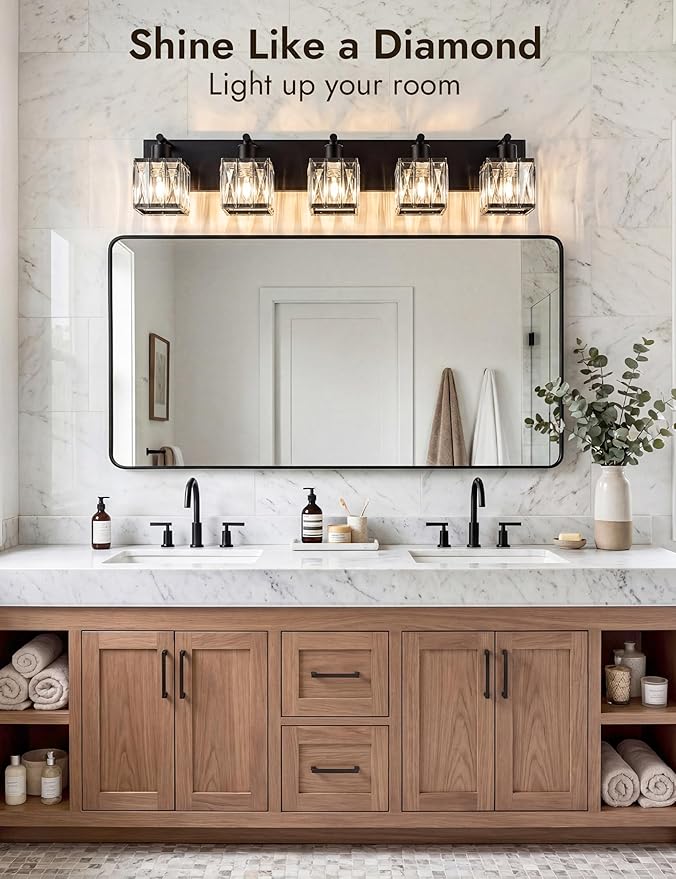 VOLISUN Black Bathroom Light Fixtures, Modern Bathroom Lighting Fixtures Over Mirror, 5 Light Bathrooms Vanity Light, Crystal Vanity Light for Bathrooms-UL Certificated(Exclude Bulb)