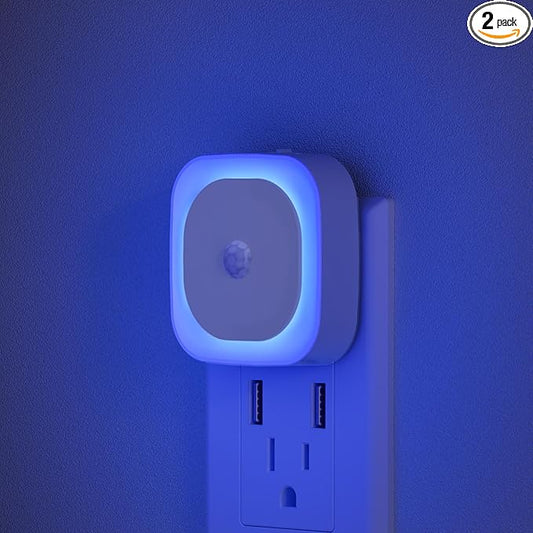 YUNLEX 2 Pack Plug in Night Light with Motion Sensor & Dusk to Dawn Sensor, 3 Sensor Modes, Blue Night Lights Plug into Wall, Dimmable Nightlight for Bathroom, Bedroom, Indoor