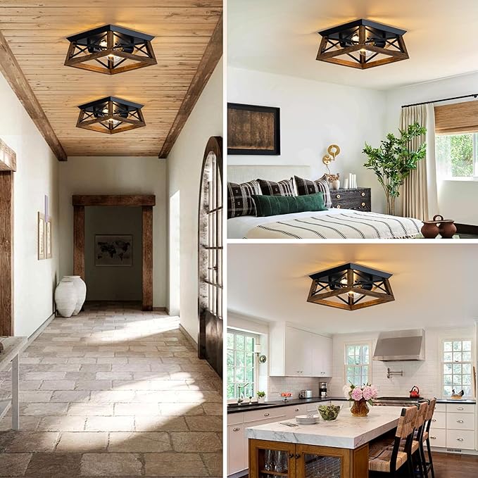 2-Light Farmhouse Light Fixture, Rustic Ceiling Light with Wood and Metal Design, Wood Ceiling Light for Kitchen, Hallway, Entryway, Cabinet, Living Room