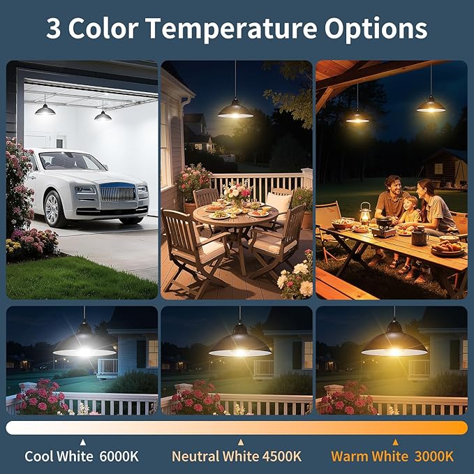 Lightonight Solar Pendant Light with Remote Control, 3 Color Dimmable Double Bulb, IP65 Weatherproof Dusk to Dawn Solar Light for Gazebo,Barn,Shed,Garage,Patio,Pergola,Chicken Coop,Stables,Tents
