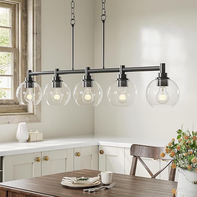 VONLUCE Dining Room Light Fixture Over Table, 5-Light Kitchen Island Lighting with Round Glass Shades & Adjustable Hanging Heights, Linear Chandlier for Dining Room Kitchen, Black, ETL Certificated