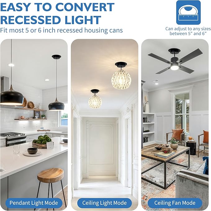 Jolux 5/6" Black Instant Recessed Can Light Conversion Kit, No Tool Needed, Can to Pendant, Ceiling & Hanging Light Upgrade Converter, Front & Side Mount, Kitchen Bedroom Livingroom Hallway, 1 Pack