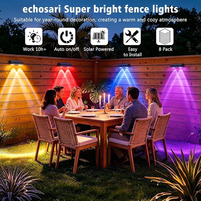 echosari 8 Pack Solar Fence Lights Outdoor Waterproof, Solar Wall Lights Color Changing 100 Lumen Ultra Bright Auto ON/Off for Backyard Patio Railing Porch (3000K-6500K & RGB)
