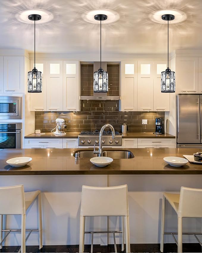 3 Pack 1 Light 5.4" Crystal Shade Hanging Kitchen Island Pendant Light Black Finish,Modern Pendant Fixture with Crystal Metal Shade for Bar,Dining Room,Living Room Over Sink
