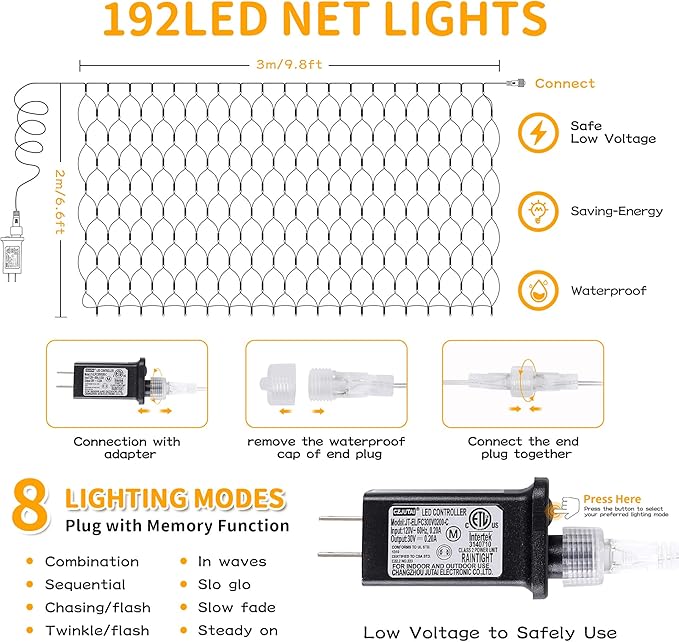 HEYFUNi 192 LED Net Lights Outdoor Mesh Lights,8 Modes Net Light for Bushes Plug in, Waterproof Christmas Net String Light for Bushes Ceiling Wedding Indoor Outdoor(9.8ft x 6.6ft,Multicolor)