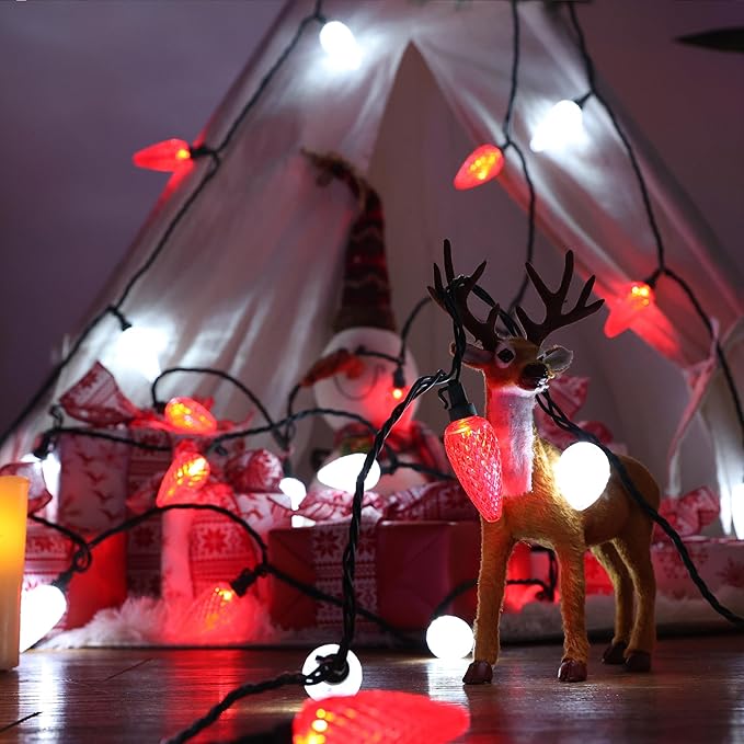 Brizled Red & White String Lights, 16.5FT 25 LED C9 Christmas Lights, Connectable Xmas Tree Light, Waterproof Strawberry String Light for Indoor Roof Garden Patio Pathway Tree Valentine's Day Party