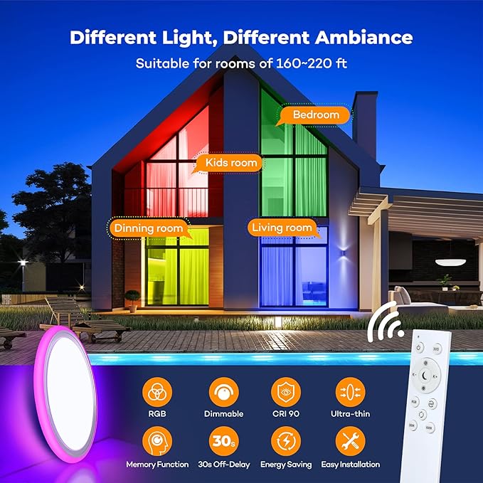 BLNAN RGB Led Flush Mount Ceiling Light with Remote Control, 13Inch 24W 2400LM 3000-6500K Dimmable Color Changing Light Fixture, Modern Round White Ceiling Lamp for Bedroom Kids Room Party Festival