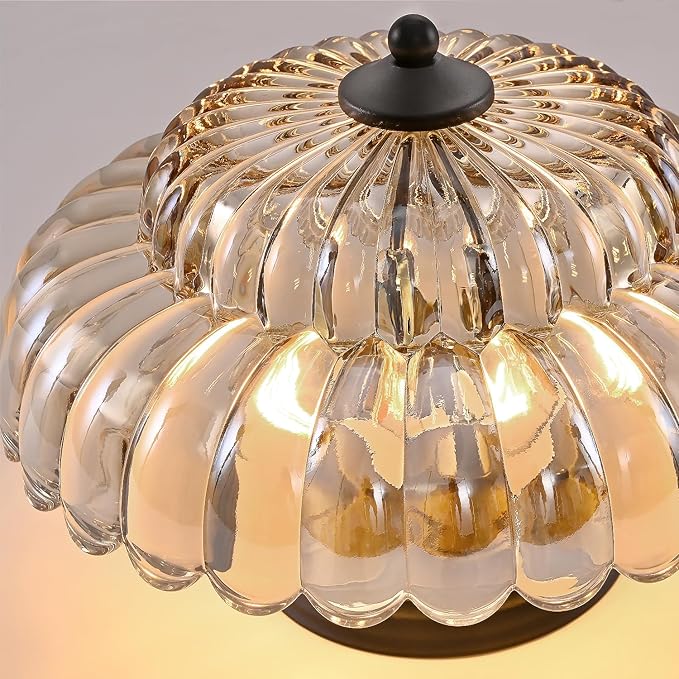 HuixuTe Modern Semi Flush Mount Ceiling Light, 3-Light Black Close to Ceiling Light Fixture with Cognac Glass Shade for Living Room Entryway Bedroom
