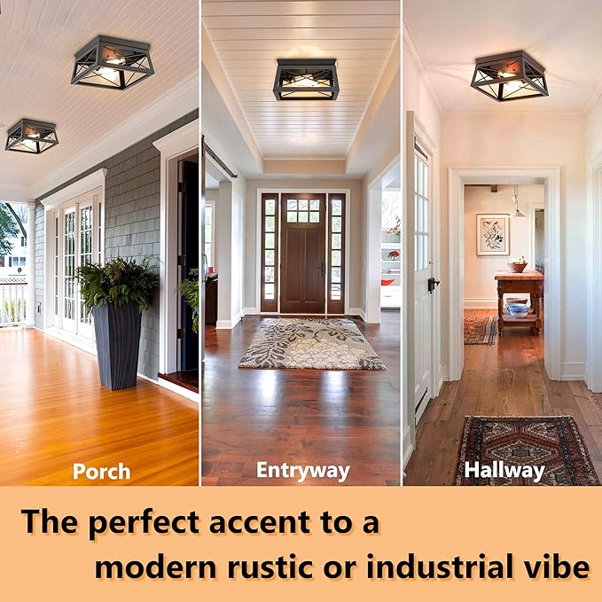 Pia Ricco Flush Mount, Modern Industrial Square Ceiling Light for Outdoor Porch, Indoor Kitchen, Hallway, Entry - Black Rustic Style, 2-Light