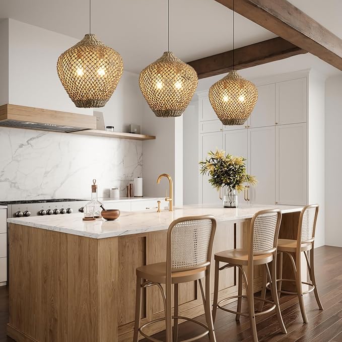 17.72" Rattan Pendant Light,Boho Hand Woven Seagrass Hanging Light Natural Grass Rattan Chandelier for Dining Living Bedroom Kitchen Island
