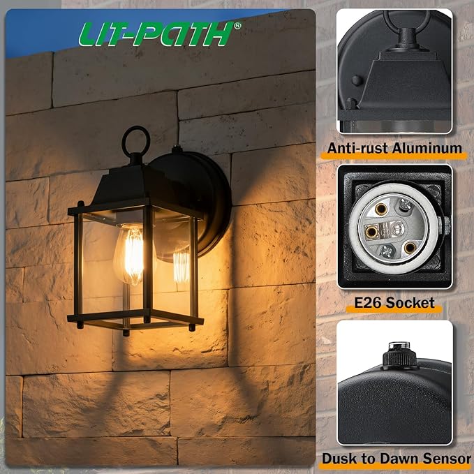 LIT-PaTH Dusk to Dawn Outdoor Wall Lantern, Wall Sconce, Waterproof Proch Light Fixture E26 Base, Aluminum Housing Glass Shade, Outdoor Rated, 2-Pack, Black