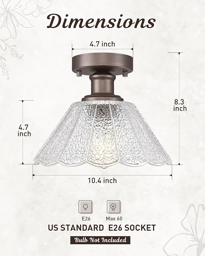 Farmhouse Flush Mount Ceiling Light, HWH 1-Light Semi Flush Mount Ceiling Lights with Clear Floral Glass, 10 Inch Ceiling Light Fixtures, Oil-Rubbed Bronze Finish, 5HJX110F ORB