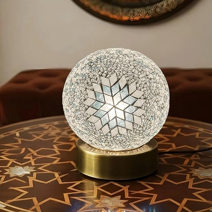 Baquler Turkish Mosaic Lamp Kit DIY Stained Glass Decorative Table Bedside Night Light Tabletop Bohemian Moroccan Lamp Craft Kit for Living Room Decorations (White)