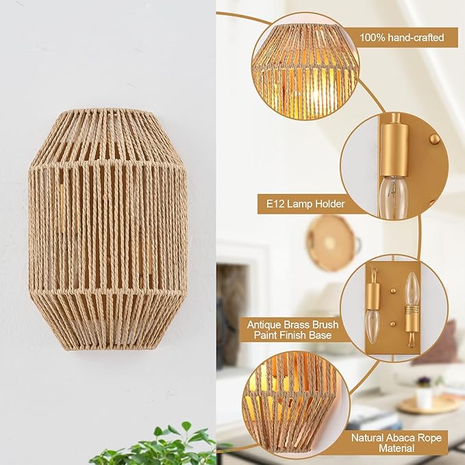 Natural Rattan Wall Sconce Set of 2, with Boho Woven Wicker Shade Antique Brass Brush Paint Finish for Vanity Stairway Fireplace Living Room Bedside Passway Hallway