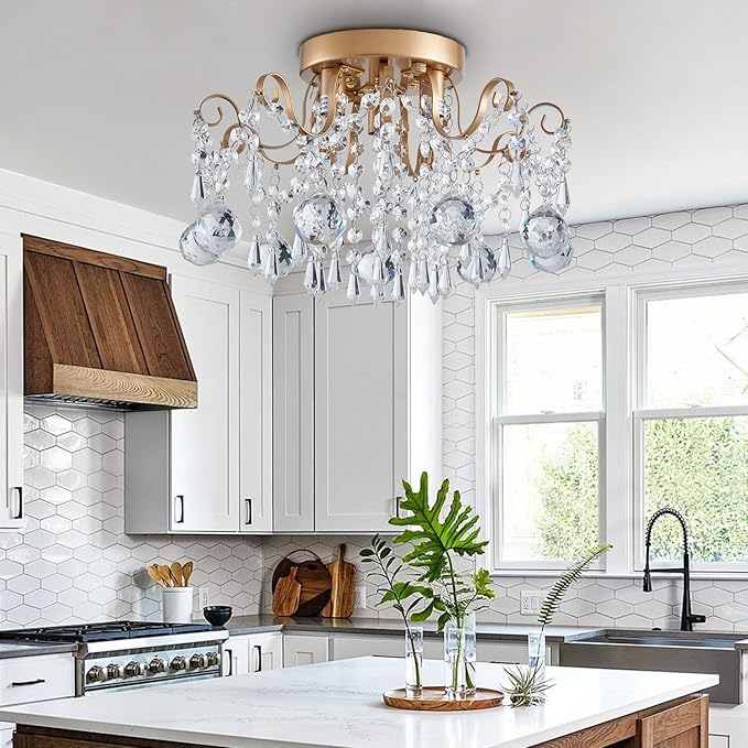 Rain Drop Crystal Small Crystal Chandelier Ceiling Light 3-Light Fixture Modern Chrome Iron Material Suitable for Bedrooms, Hallways, Walk-in Closets, Entryways, Stairwells (Gold)