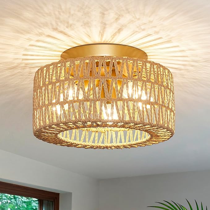Rattan Light Fixtures Ceiling Mount, 3-Lights Boho Flush Mount Ceiling Light, Hand-Woven Cage Shade Lamp Lighting, Rustic Rattan Chandelier for Hallway Bedroom Kitchen Farmhouse Foyer Entryway (Gold)