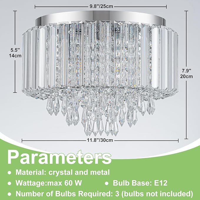 HOPGGIE 11.8 Inch Crystal Chandelier Modern Chandelier Light Mini Chandelier Semi Flush Mount Ceiling Light Fixture Small Chandelier for Bedroom Hallway Kitchen Foyer Closet (Chrome)