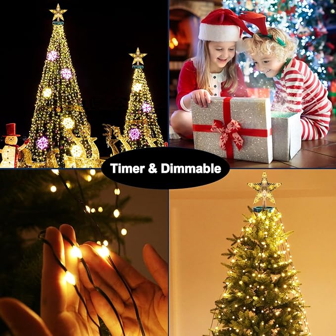 Christmas Tree Lights with Star Topper, 400LED Christmas String Lights with Ring for Tree, 6.6FT x 16 Lines Fairy Lights with 8 Modes Timer Remote for Indoor Outdoor Xmas Tree Decor, Warm White