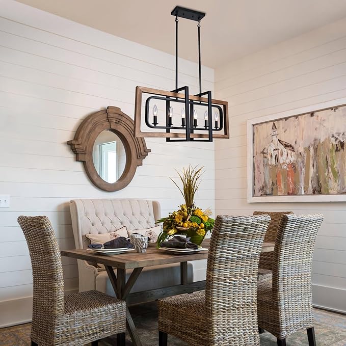 Farmhouse Chandelier Rustic Kitchen Island Light Fixture, Industrial Pendant Lighting Fixtures Wood and Metal for Dining Room Pool Table