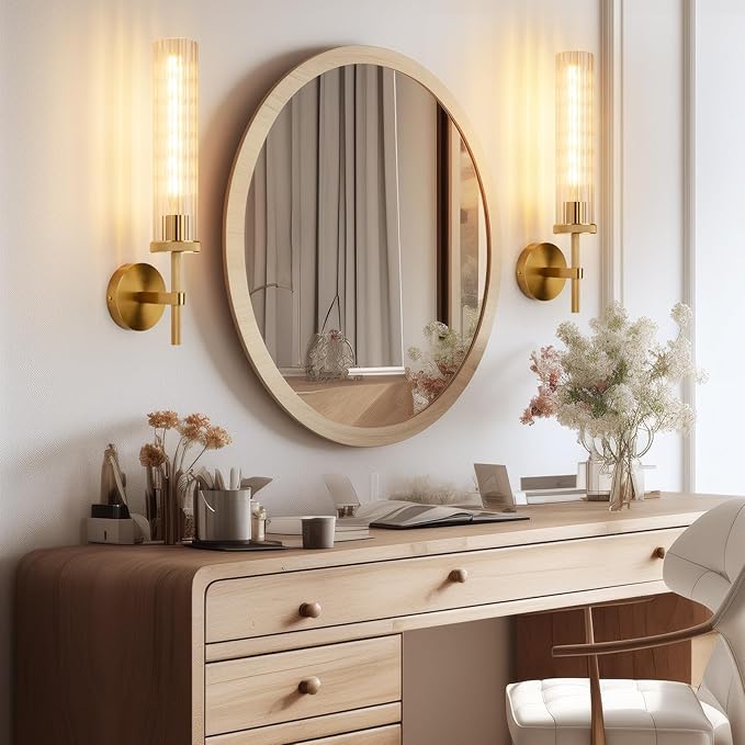 19.5" Knurled Gold Hardwired Wall Sconces Set of 2, Bathroom Vanity Light Fixtures with Vertical Striped Glass Tube, Modern Lamp Lighting for Bedroom, Living Room, Hallway, Staircase, Mirror, Kitchen