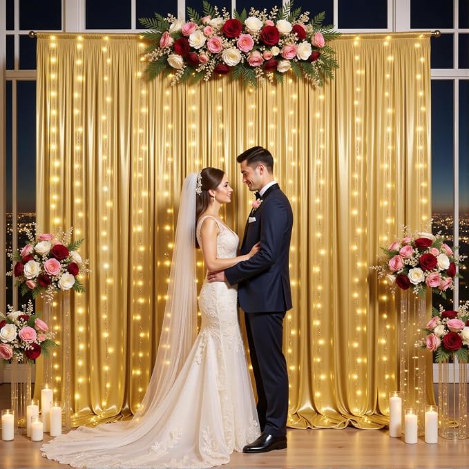 Outpain 20x10ft Gold Sequin Backdrop Curtains with Light -Lighted Up Gold Photo Backdrops with Non-Shedding Glitter, Wrinkle-Free Drapes for Wedding/Christmas/Studio(5x10ft 4 Panels)