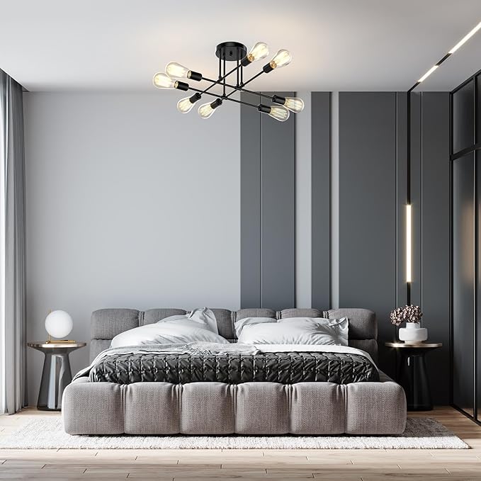 Modern Sputnik Chandelier Ceiling Light Fixtures, 5.9" Ceiling Canopy, 8-Lights Mid Century Industrial Metal Semi Flush Mount for Dining Room, Bedroom, Living Room-Black