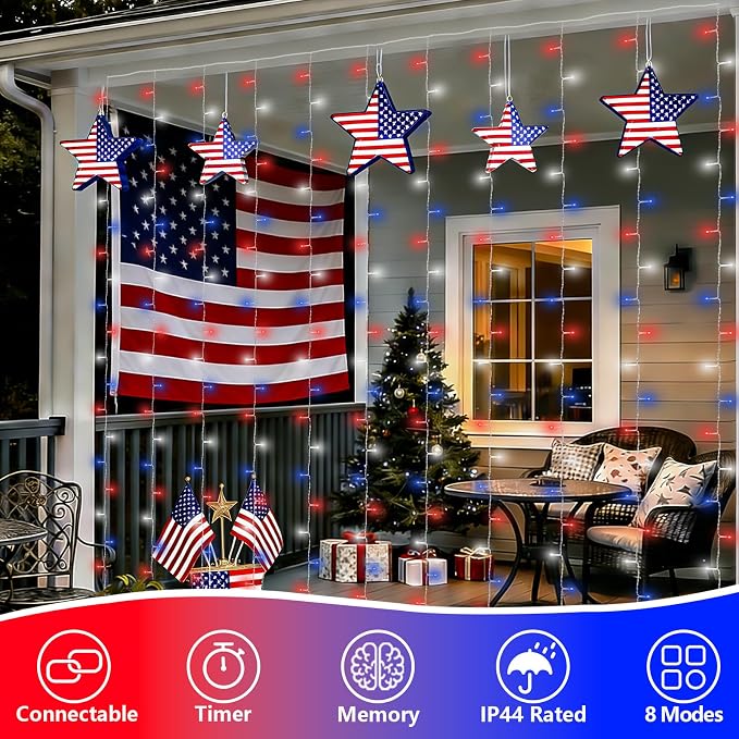 YEGUO 300 LED Red White and Blue Lights, 4th of July Lights Plug in, Patriotic Curtain Lights Hanging String Lights for Bedroom Wall Window Backdrop Indoor Outdoor Independence Memorial Day-9.8x9.8ft