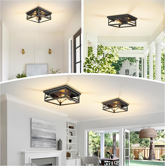 Black Flush Mount Ceiling Light Fixture, Industrial Light Fixture Ceiling Mount for Hallway Kitchen Porch Bedroom, Outdoor Ceiling Light Flush Mount, E26, 1 Pack, Gold Trim