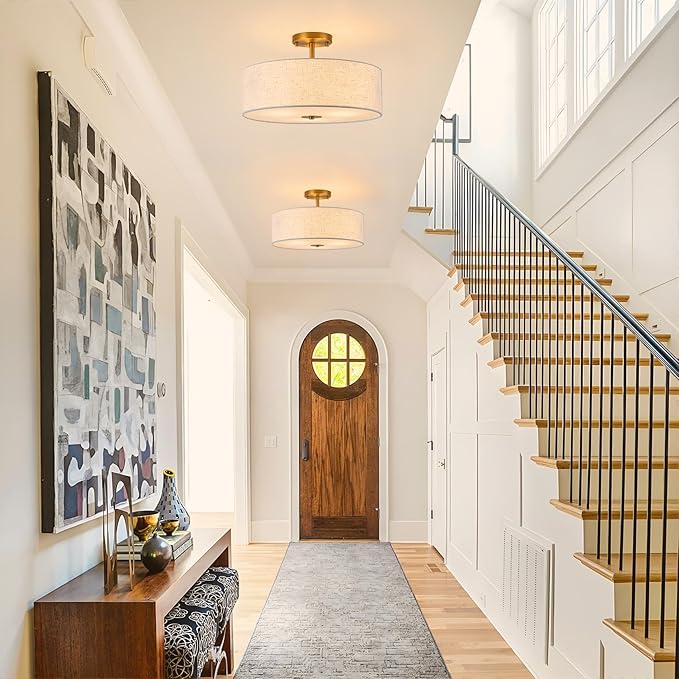 Bargeni Semi Flush Mount Ceiling Light Fixture,16 inch Drum Flush Mount Ceiling Light, Modern Light Fixtures Ceiling Mount with Matte Brass Finish, Semi Flush Ceiling Light for Bedroom,Dining Room